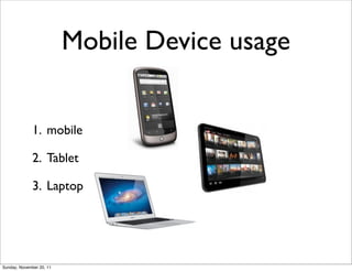 Mobile Device usage


              1. mobile

              2. Tablet

              3. Laptop




Sunday, November 20, 11
 
