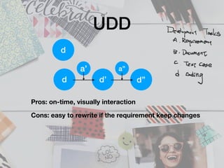 UDD
Slide3
d
d d’ d’’
a’ a’’
Pros: on-time, visually interaction
Cons: easy to rewrite if the requirement keep changes
 