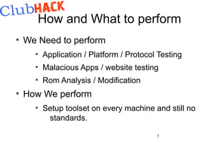 How and What to perform
●
    We Need to perform
      ●
          Application / Platform / Protocol Testing
      ●
     ...