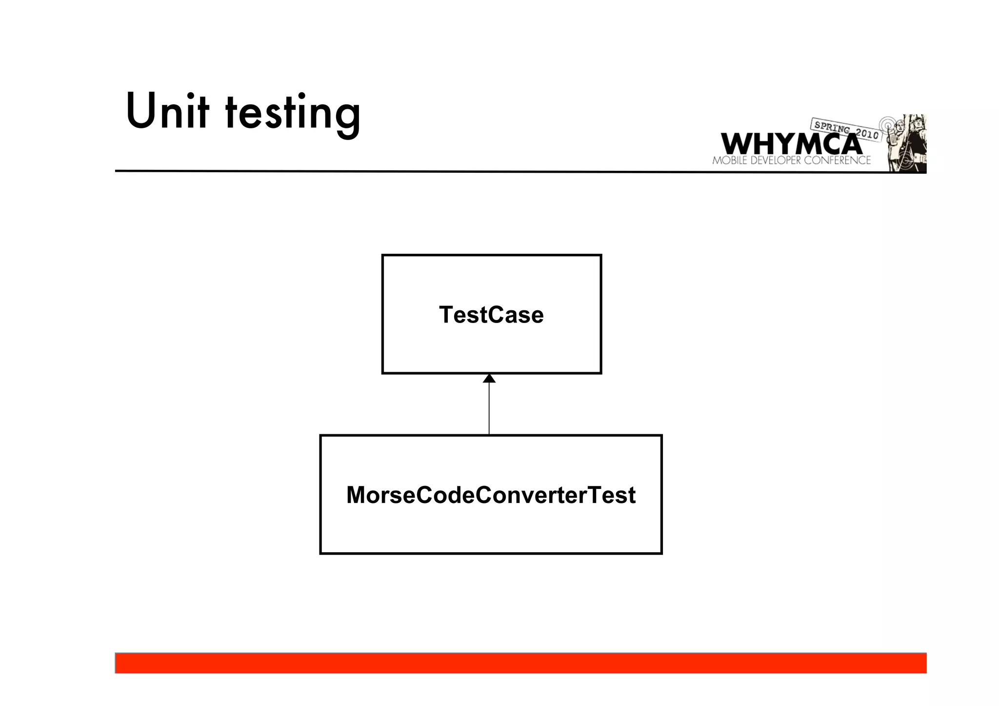 Unit testing



                  TestCase




           MorseCodeConverterTest
 