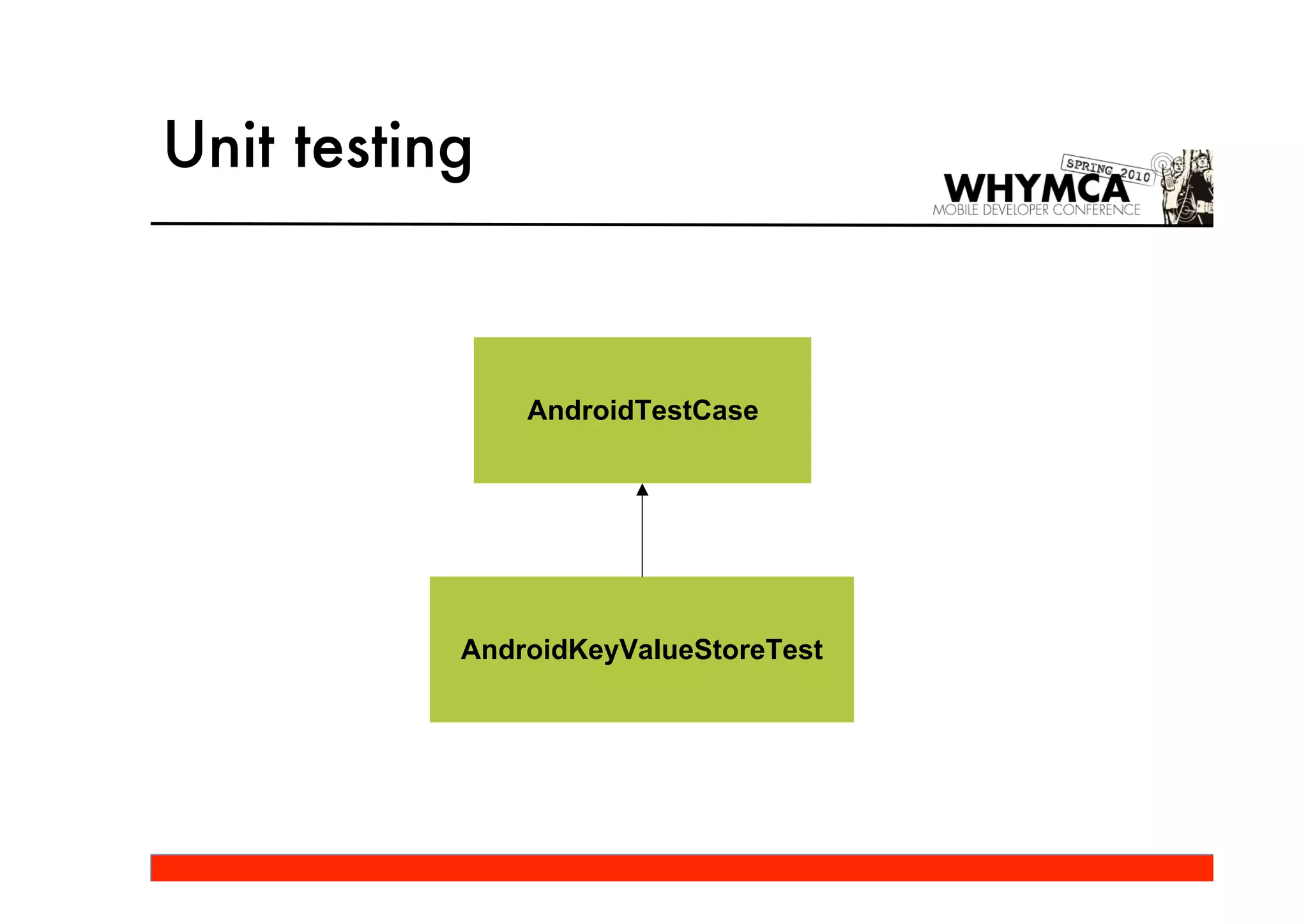 Unit testing



               AndroidTestCase




           AndroidKeyValueStoreTest
 