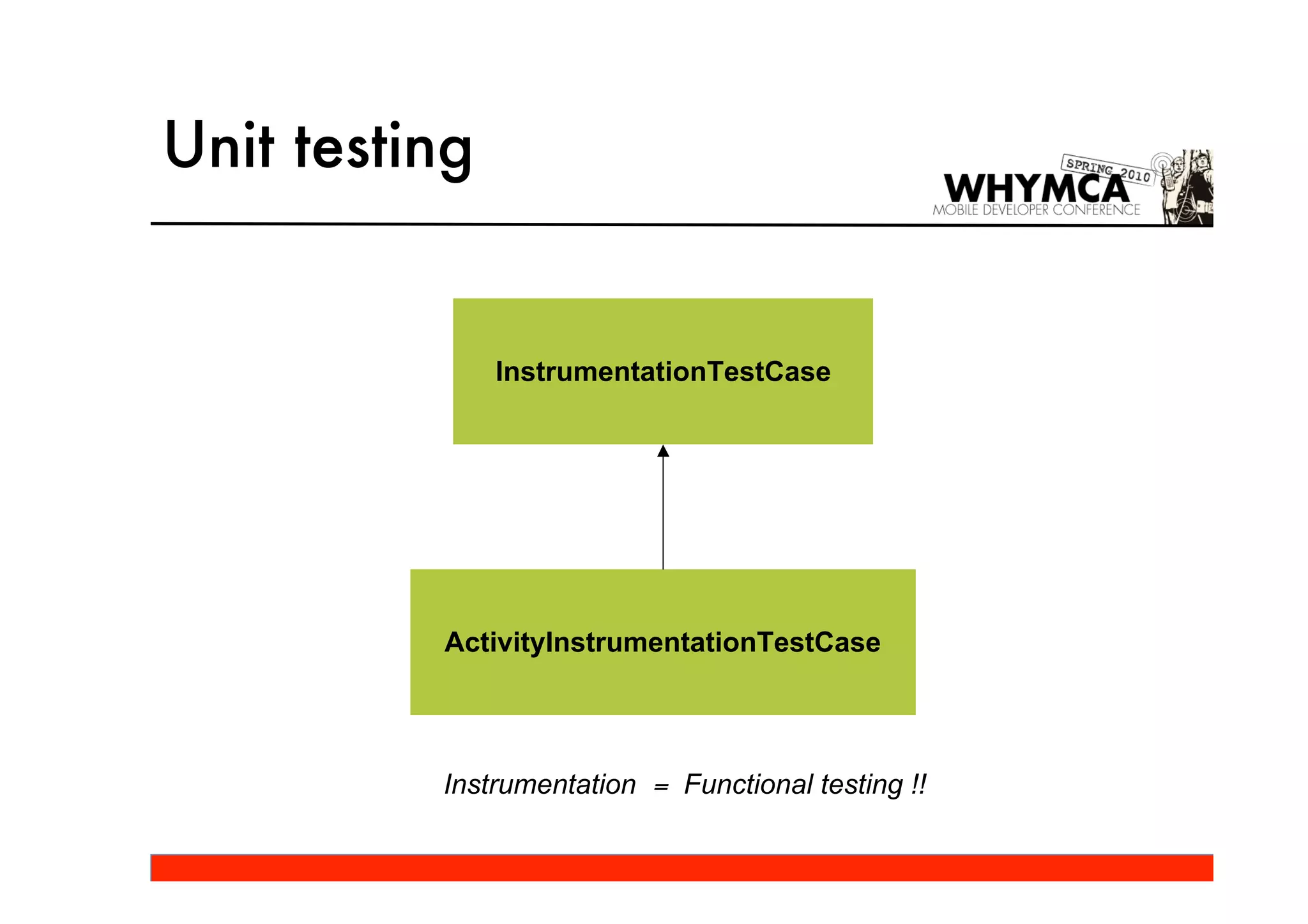 Unit testing


               InstrumentationTestCase




          ActivityInstrumentationTestCase




          Instrumentation = Functional testing !!
 