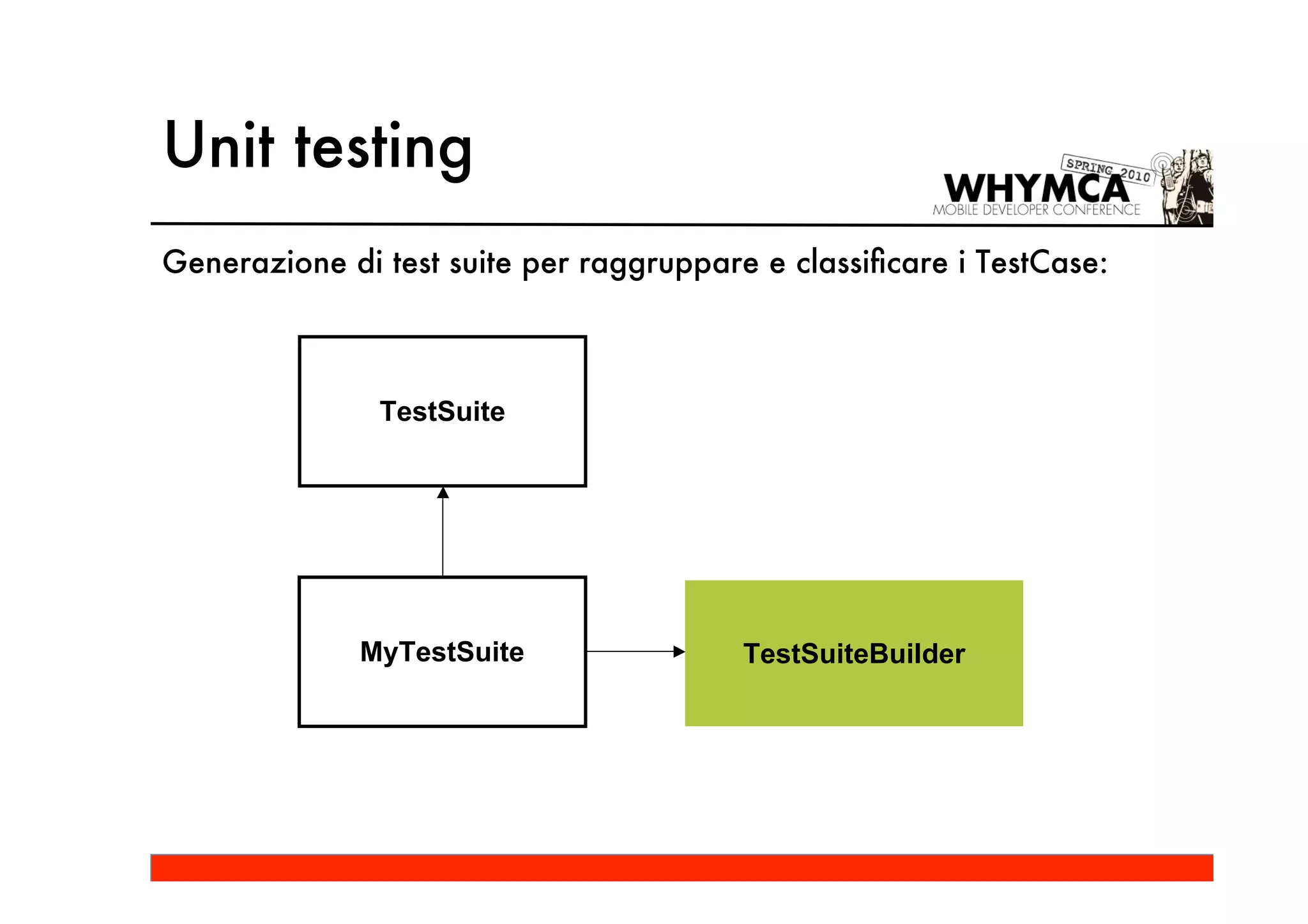 Unit testing
Generazione di test suite per raggruppare e classiﬁcare i TestCase:



               TestSuite




              MyTestSuite                TestSuiteBuilder
 