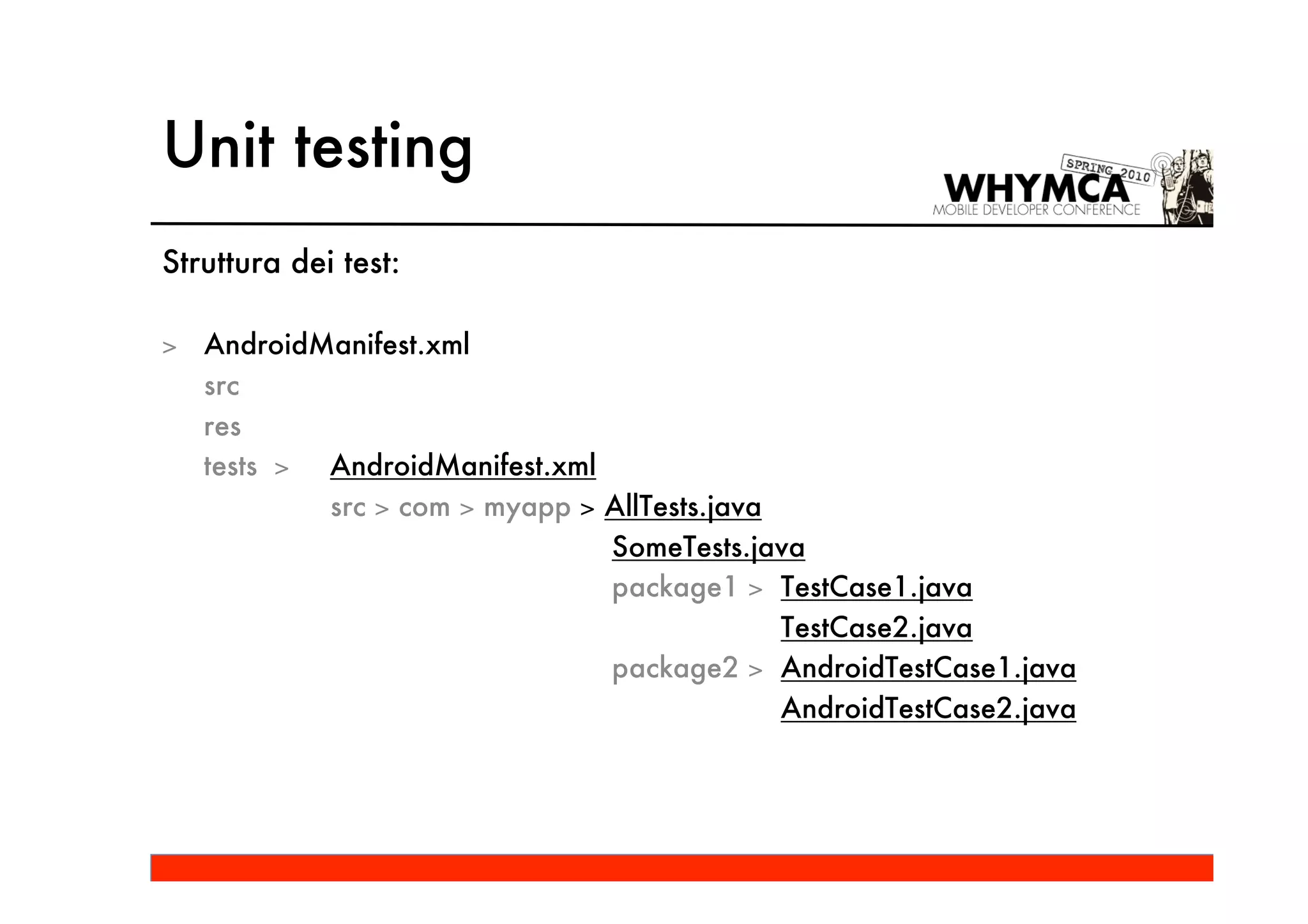 Unit testing
Struttura dei test:

> AndroidManifest.xml
  src
  res
  tests > AndroidManifest.xml
          src > com > myapp > AllTests.java
                              SomeTests.java
                              package1 > TestCase1.java
                                            TestCase2.java
                              package2 > AndroidTestCase1.java
                                            AndroidTestCase2.java
 