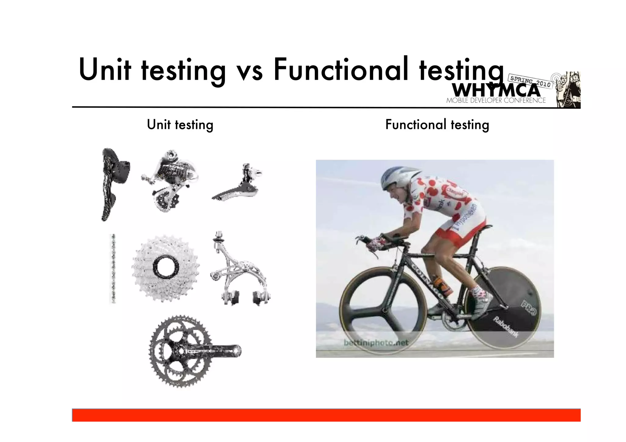 Unit testing vs Functional testing
     Unit testing       Functional testing
 