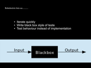 ● Iterate quickly
● Write black box style of teste
● Test behaviour instead of implementation
Robolectric lets us..........
 