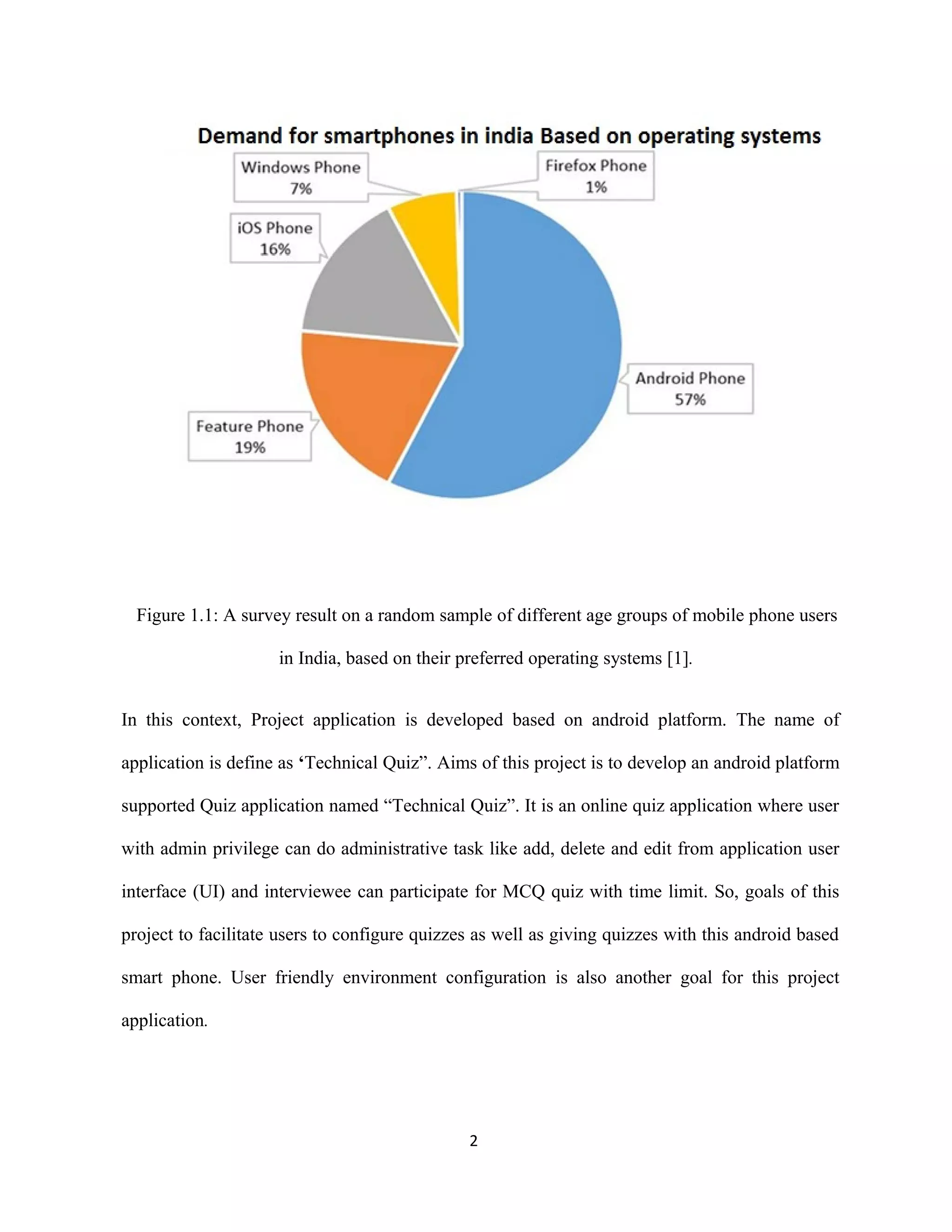 Figure 1.1: A survey result on a random sample of different age groups of mobile phone users
in India, based on their preferred operating systems [1].
In this context, Project application is developed based on android platform. The name of
application is define as ‘Technical Quiz”. Aims of this project is to develop an android platform
supported Quiz application named “Technical Quiz”. It is an online quiz application where user
with admin privilege can do administrative task like add, delete and edit from application user
interface (UI) and interviewee can participate for MCQ quiz with time limit. So, goals of this
project to facilitate users to configure quizzes as well as giving quizzes with this android based
smart phone. User friendly environment configuration is also another goal for this project
application.
2
 