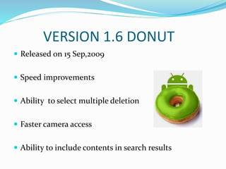 VERSION 1.6 DONUT
 Released on 15 Sep,2009
 Speed improvements
 Ability to select multiple deletion
 Faster camera access
 Ability to include contents in search results
 