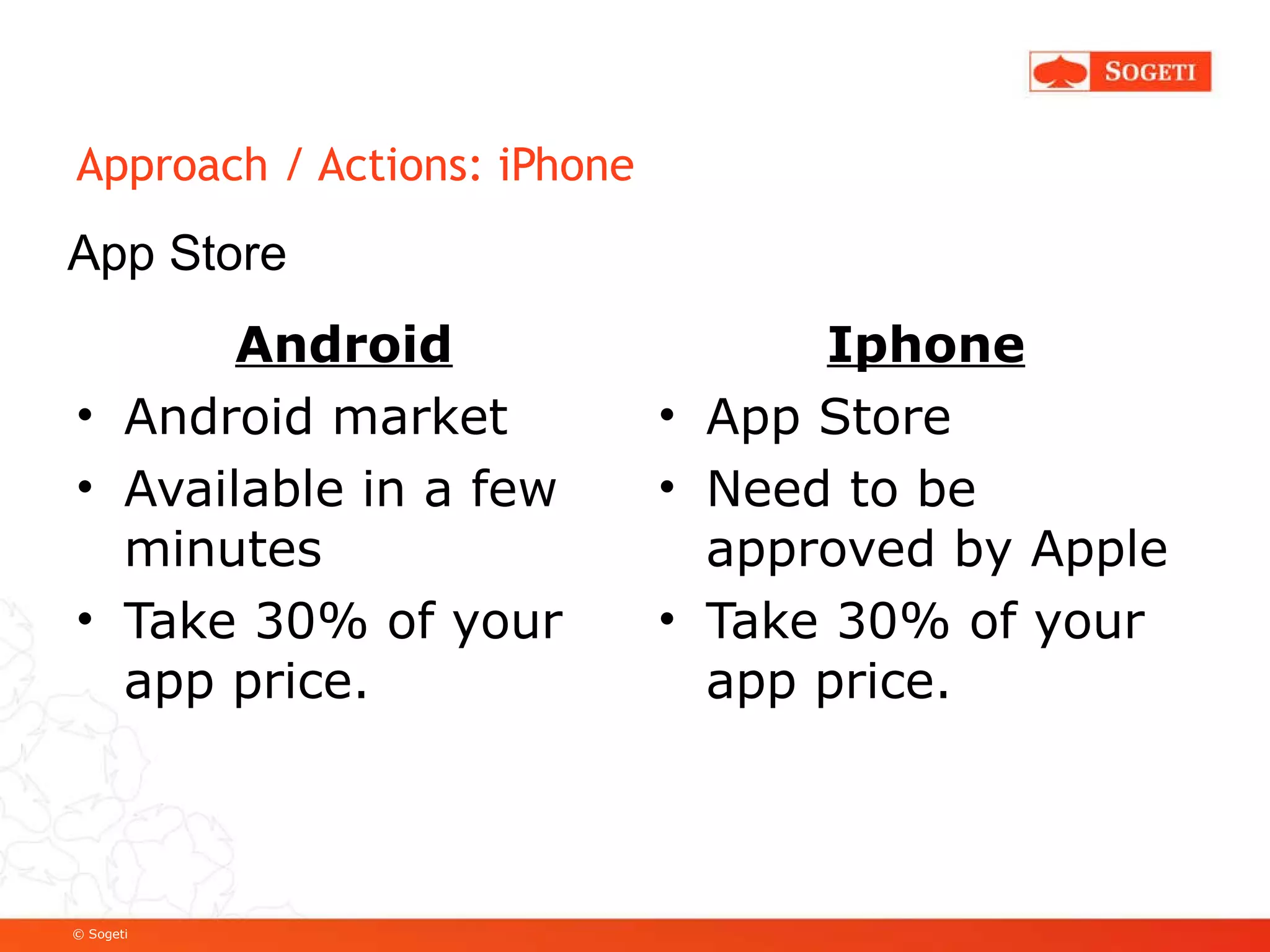 Approach / Actions: iPhone Android Android market Available in a few minutes Take 30% of your app price. Iphone App Store Need to be approved by Apple Take 30% of your app price. App Store 