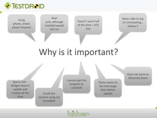 Never able to log in! Uninstalling… Galaxy SHung phone, drains power (Inspire)Real junk, although installed would not runDoesn’t work half of the time – HTC EvoWhy is it important?Does not work on Motorola ZoomI cannot get this program to uninstallThere seems to be more bugs than before updateXperia X10  - Widget doesn’t update and crashes all the timeCould not connect using my Incredible
