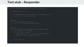 Test stub - Responder
public class SimplePricingService implements PricingService {
PricingRepository repository;
public SimplePricingService(PricingRepository pricingRepository) {
this.repository = pricingRepository;
}
@Override
public Price priceTrade(Trade trade) {
return repository.getPriceForTrade(trade);
}
@Override
public Price getTotalPriceForTrades(Collection<trade> trades) {
Price totalPrice = new Price();
for (Trade trade : trades) {
Price tradePrice = repository.getPriceForTrade(trade);
totalPrice = totalPrice.add(tradePrice);
}
return totalPrice;
}
}
 