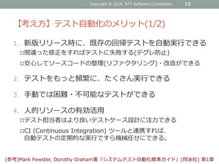【考え方】テスト自動化のメリット(1/2)
1. 新版リリース時に、既存の回帰テストを自動実行できる
間違った修正をすればテストに失敗する(デグレ防止)
安心してソースコードの整理(リファクタリング)・改造ができる
2. テストをもっと頻繁に、たくさん実行できる
3. 手動では困難・不可能なテストができる
4. 人的リソースの有効活用
テスト担当者はより良いテストケース設計に注力できる
CI (Continuous Integration) ツールと連携すれば、
自動テストの定期的な実行ですら機械任せにできる。
Copyright © 2016, NTT Software Corporation. 12
(参考)Mark Fewster, Dorothy Graham著「システムテスト自動化標準ガイド」(翔泳社) 第1章
 