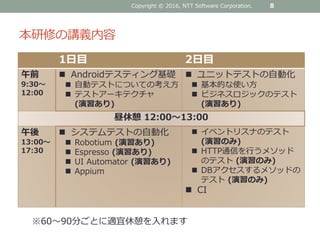 本研修の講義内容
8
1日目 2日目
午前
9:30〜
12:00
 Androidテスティング基礎
 自動テストについての考え方
 テストアーキテクチャ
(演習あり)
 ユニットテストの自動化
 基本的な使い方
 ビジネスロジックのテスト
(演習あり)
昼休憩 12:00〜13:00
午後
13:00〜
17:30
 システムテストの自動化
 Robotium (演習あり)
 Espresso (演習あり)
 UI Automator (演習あり)
 Appium
 イベントリスナのテスト
(演習のみ)
 HTTP通信を行うメソッド
のテスト (演習のみ)
 DBアクセスするメソッドの
テスト (演習のみ)
 CI
※60〜90分ごとに適宜休憩を入れます
Copyright © 2016, NTT Software Corporation.
 