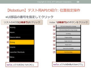 【Robotium】テスト用APIの紹介: 位置指定操作
UI部品の番号を指定してクリック
68
⑦
②
③
④
⑤
⑥
①
solo.clickInList(4);
リストの4行目(1始まり)をクリック
⑦
②
③
④
⑤
⑥
①
⓪
index 7(0始まり)のボタンをクリック
solo.clickOnButton(7);
Copyright © 2016, NTT Software Corporation.
 
