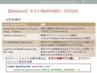 【Robotium】テスト用APIの紹介: そのほか
そのほか
70
メソッド(Soloクラス) 概要
assertCurrentActivity(St
ring, Class)
現在の画面が指定されたActivity(クラス)
であることをassertする。
takeScreenshot() 画面のスクリーンショットを撮る。
/sdcard/Robotium-Screenshots/に保存。
clickOnWebElement(By) 指定された検索条件(Byオブジェクト)に合致した
WebView内HTML部品をクリックする。
typeTextInWebElement(By,
String)
指定された検索条件(Byオブジェクト)に合致した
WebView内HTML部品(フォーム)に対して、
指定された文字列を入力する。
※スクリーンショットを撮る場合は、テスト対象アプリ側に、以下のパー
ミッション宣言が必要
<uses-permission android:name=
"android.permission.WRITE_EXTERNAL_STORAGE" />
Copyright © 2016, NTT Software Corporation.
 