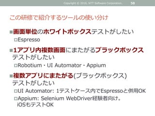 この研修で紹介するツールの使い分け
画面単位のホワイトボックステストがしたい
Espresso
1アプリ内複数画面にまたがるブラックボックス
テストがしたい
Robotium・UI Automator・Appium
複数アプリにまたがる(ブラックボックス)
テストがしたい
UI Automator: 1テストケース内でEspressoと併用OK
Appium: Selenium WebDriver経験者向け。
iOSもテストOK
58Copyright © 2016, NTT Software Corporation.
 