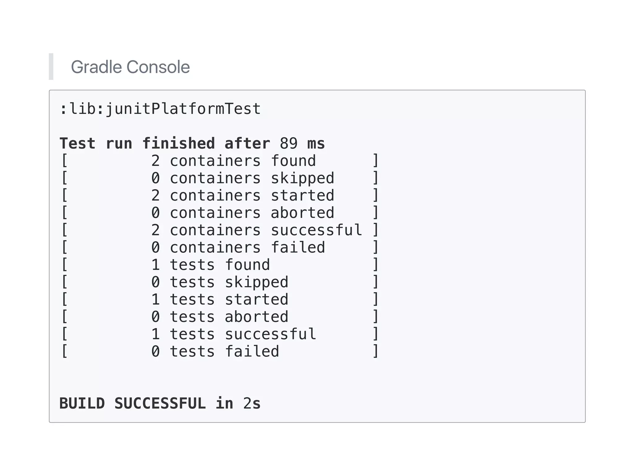 Gradle Console
:lib:junitPlatformTest
Test run finished after 89 ms
[ 2 containers found ]
[ 0 containers skipped ]
[ 2 containers started ]
[ 0 containers aborted ]
[ 2 containers successful ]
[ 0 containers failed ]
[ 1 tests found ]
[ 0 tests skipped ]
[ 1 tests started ]
[ 0 tests aborted ]
[ 1 tests successful ]
[ 0 tests failed ]
BUILD SUCCESSFUL in 2s
 