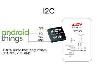 I2C
Si7053
SCL
SDA
VCC
GND
4つの配線でAndroid Thingsとつなぐ
SDA, SCL, VCC, GND
 