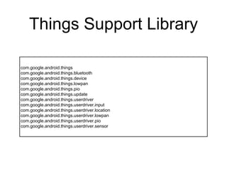 Things Support Library
com.google.android.things
com.google.android.things.bluetooth
com.google.android.things.device
com.google.android.things.lowpan
com.google.android.things.pio
com.google.android.things.update
com.google.android.things.userdriver
com.google.android.things.userdriver.input
com.google.android.things.userdriver.location
com.google.android.things.userdriver.lowpan
com.google.android.things.userdriver.pio
com.google.android.things.userdriver.sensor
 