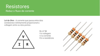 Resistores
Reduz o fluxo de corrente
Lei de Ohm - A corrente que passa entre dois
condutores é diretamente proporcional a
voltagem entre os dois pontos .
V = I * R
V é voltagem
I é a corrente
R é a resistência
 