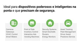 Cameras
Gateways
HVAC Control
Smart Meters
Point of Sale
Inventory Control
Interactive Ads
Vending Machines
Security Systems
Smart Doorbells
Routers
Energy Monitors
Asset Tracking
Fleet Management
Driver Assist
Predictive Service
Ideal para dispositivos poderosos e inteligentes na
ponta e que precisam de segurança.
 