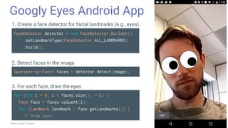 Googly Eyes Android App
Video credit Google
1. Create a face detector for facial landmarks (e.g., eyes)
3. For each face, draw the eyes
FaceDetector detector = new FaceDetector.Builder()
.setLandmarkType(FaceDetector.ALL_LANDMARKS)
.build();
SparseArray<Face> faces = detector.detect(image);
for (int i = 0; i < faces.size(); ++i) {
Face face = faces.valueAt(i);
for (Landmark landmark : face.getLandmarks()) {
// Draw eyes
2. Detect faces in the image
 