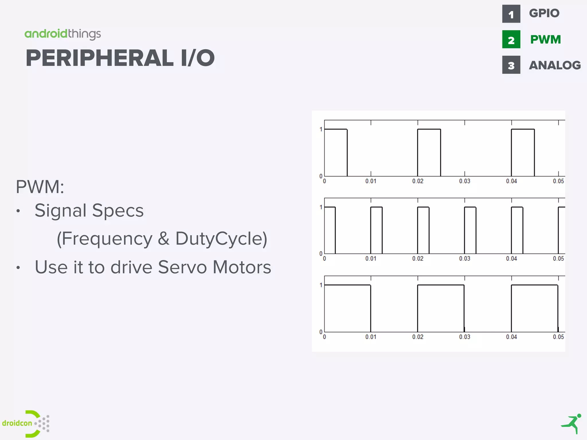 PWM:
• Signal Specs
(Frequency & DutyCycle)
• Use it to drive Servo Motors
GPIO1
2 PWM
3 ANALOGPERIPHERAL I/O
 