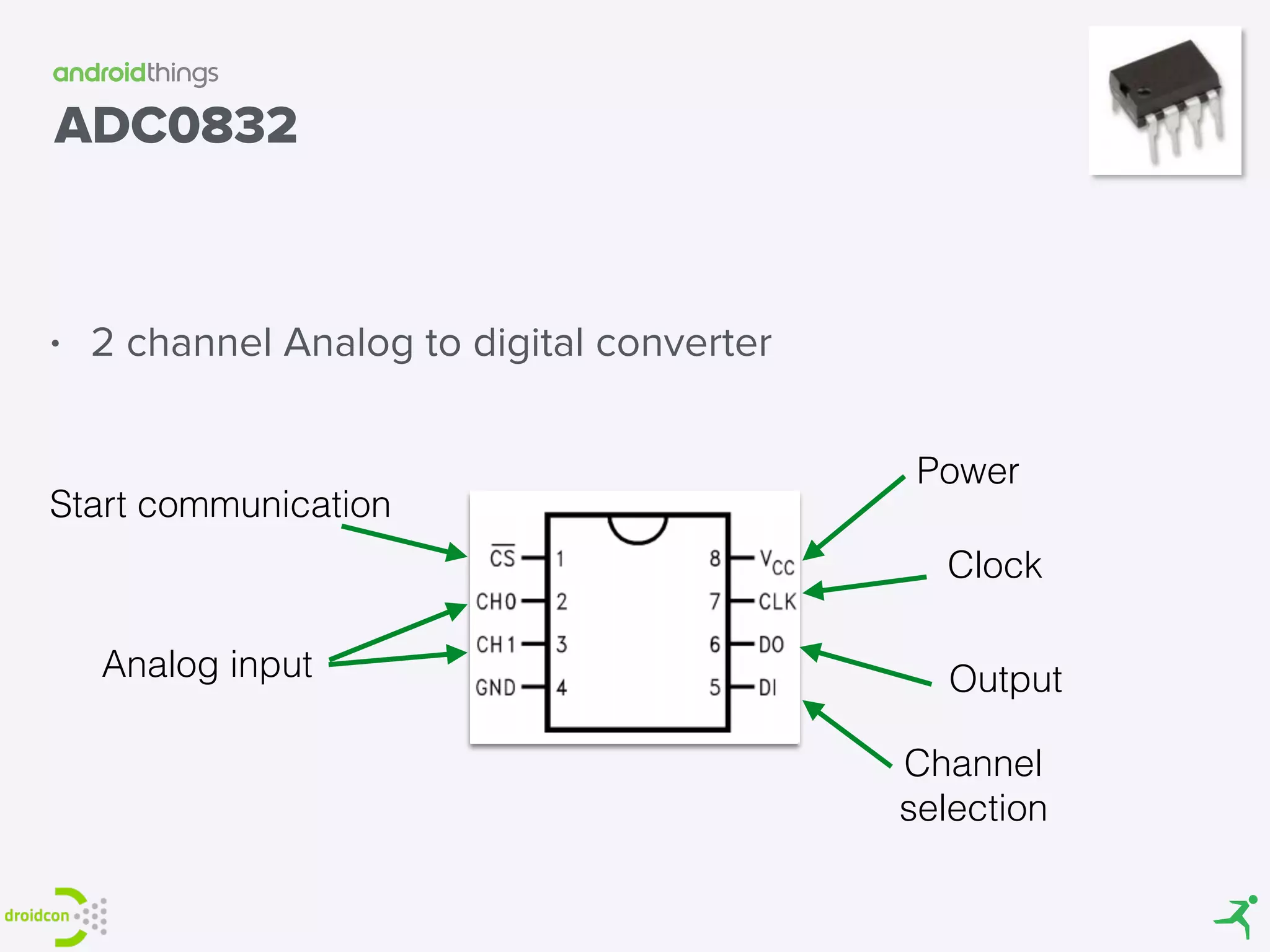 ADC0832
• 2 channel Analog to digital converter
Start communication
Analog input
Power
Clock
Output
Channel
selection
 