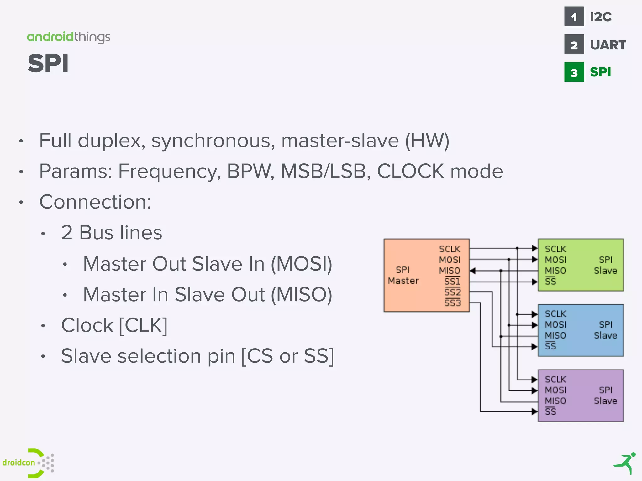 • Full duplex, synchronous, master-slave (HW)
• Params: Frequency, BPW, MSB/LSB, CLOCK mode
• Connection:
• 2 Bus lines
• Master Out Slave In (MOSI)
• Master In Slave Out (MISO)
• Clock [CLK]
• Slave selection pin [CS or SS]
SPI SPI
1
2
I2C
3
UART
 