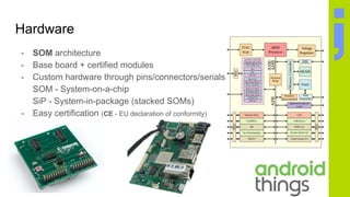 Hardware
- SOM architecture
- Base board + certified modules
- Custom hardware through pins/connectors/serials
SOM - System-on-a-chip
SiP - System-in-package (stacked SOMs)
- Easy certification (CE - EU declaration of conformity)
 