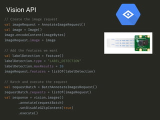 // Create the image request
val imageRequest = AnnotateImageRequest()
val image = Image()
image.encodeContent(imageBytes)
imageRequest.image = image
// Add the features we want
val labelDetection = Feature()
labelDetection.type = "LABEL_DETECTION"
labelDetection.maxResults = 10
imageRequest.features = listOf(labelDetection)
// Batch and execute the request
val requestBatch = BatchAnnotateImagesRequest()
requestBatch.requests = listOf(imageRequest)
val response = vision.images()
.annotate(requestBatch)
.setDisableGZipContent(true)
.execute()
Vision API
 