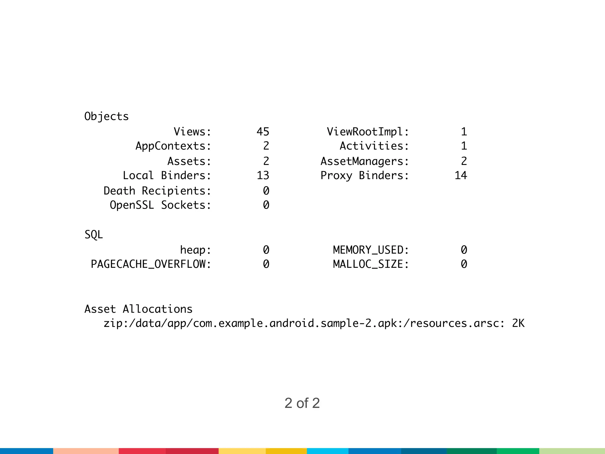 Objects
                 Views:    45             ViewRootImpl:    1
           AppContexts:     2               Activities:    1
                Assets:     2            AssetManagers:    2
         Local Binders:    13            Proxy Binders:   14
      Death Recipients:     0
       OpenSSL Sockets:     0

SQL
               heap:        0              MEMORY_USED:    0
 PAGECACHE_OVERFLOW:        0              MALLOC_SIZE:    0



Asset Allocations
   zip:/data/app/com.example.android.sample-2.apk:/resources.arsc: 2K




                                2 of 2
 