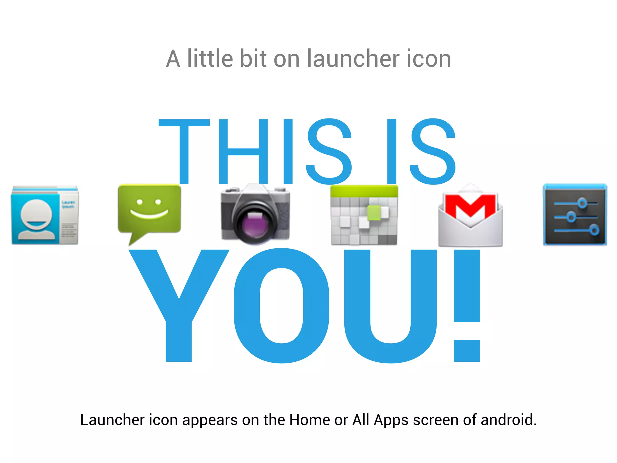 A little bit on launcher icon
THIS IS
YOU!Launcher icon appears on the Home or All Apps screen of android.
 