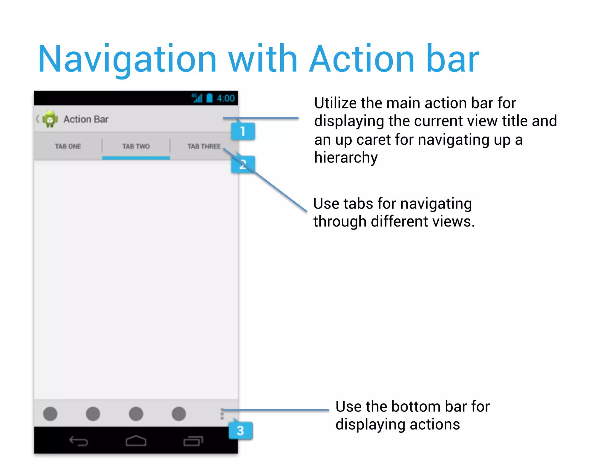 Navigation with Action bar
Utilize the main action bar for
displaying the current view title and
an up caret for navigating up a
hierarchy
Use tabs for navigating
through different views.
Use the bottom bar for
displaying actions
 