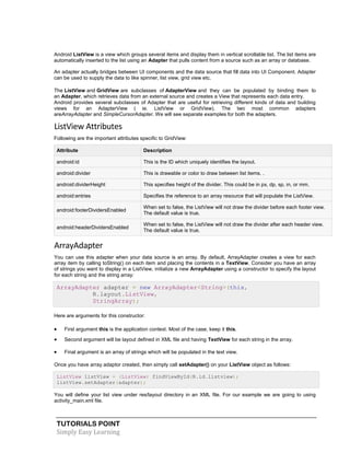TUTORIALS POINT
Simply Easy Learning
Android ListView is a view which groups several items and display them in vertical scrollable list. The list items are
automatically inserted to the list using an Adapter that pulls content from a source such as an array or database.
An adapter actually bridges between UI components and the data source that fill data into UI Component. Adapter
can be used to supply the data to like spinner, list view, grid view etc.
The ListView and GridView are subclasses of AdapterView and they can be populated by binding them to
an Adapter, which retrieves data from an external source and creates a View that represents each data entry.
Android provides several subclasses of Adapter that are useful for retrieving different kinds of data and building
views for an AdapterView ( ie. ListView or GridView). The two most common adapters
areArrayAdapter and SimpleCursorAdapter. We will see separate examples for both the adapters.
ListView Attributes
Following are the important attributes specific to GridView:
Attribute Description
android:id This is the ID which uniquely identifies the layout.
android:divider This is drawable or color to draw between list items. .
android:dividerHeight This specifies height of the divider. This could be in px, dp, sp, in, or mm.
android:entries Specifies the reference to an array resource that will populate the ListView.
android:footerDividersEnabled
When set to false, the ListView will not draw the divider before each footer view.
The default value is true.
android:headerDividersEnabled
When set to false, the ListView will not draw the divider after each header view.
The default value is true.
ArrayAdapter
You can use this adapter when your data source is an array. By default, ArrayAdapter creates a view for each
array item by calling toString() on each item and placing the contents in a TextView. Consider you have an array
of strings you want to display in a ListView, initialize a new ArrayAdapter using a constructor to specify the layout
for each string and the string array:
ArrayAdapter adapter = new ArrayAdapter<String>(this,
R.layout.ListView,
StringArray);
Here are arguments for this constructor:
 First argument this is the application context. Most of the case, keep it this.
 Second argument will be layout defined in XML file and having TextView for each string in the array.
 Final argument is an array of strings which will be populated in the text view.
Once you have array adaptor created, then simply call setAdapter() on your ListView object as follows:
ListView listView = (ListView) findViewById(R.id.listview);
listView.setAdapter(adapter);
You will define your list view under res/layout directory in an XML file. For our example we are going to using
activity_main.xml file.
 
