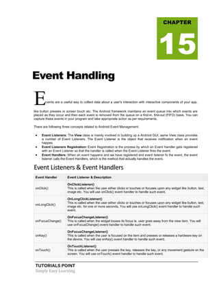 TUTORIALS POINT
Simply Easy Learning
Event Handling
Events are a useful way to collect data about a user's interaction with interactive components of your app,
like button presses or screen touch etc. The Android framework maintains an event queue into which events are
placed as they occur and then each event is removed from the queue on a first-in, first-out (FIFO) basis. You can
capture these events in your program and take appropriate action as per requirements.
There are following three concepts related to Android Event Management:
 Event Listeners: The View class is mainly involved in building up a Android GUI, same View class provides
a number of Event Listeners. The Event Listener is the object that receives notification when an event
happes.
 Event Listeners Registration: Event Registration is the process by which an Event Handler gets registered
with an Event Listener so that the handler is called when the Event Listener fires the event.
 Event Handlers: When an event happens and we have registered and event listener fo the event, the event
listener calls the Event Handlers, which is the method that actually handles the event.
Event Listeners & Event Handlers
Event Handler Event Listener & Description
onClick()
OnClickListener()
This is called when the user either clicks or touches or focuses upon any widget like button, text,
image etc. You will use onClick() event handler to handle such event.
onLongClick()
OnLongClickListener()
This is called when the user either clicks or touches or focuses upon any widget like button, text,
image etc. for one or more seconds. You will use onLongClick() event handler to handle such
event.
onFocusChange()
OnFocusChangeListener()
This is called when the widget looses its focus ie. user goes away from the view item. You will
use onFocusChange() event handler to handle such event.
onKey()
OnFocusChangeListener()
This is called when the user is focused on the item and presses or releases a hardware key on
the device. You will use onKey() event handler to handle such event.
onTouch()
OnTouchListener()
This is called when the user presses the key, releases the key, or any movement gesture on the
screen. You will use onTouch() event handler to handle such event.
CHAPTER
15
 