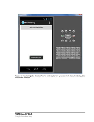 TUTORIALS POINT
Simply Easy Learning
You can try implementing other BroadcastReceiver to intercept system generated intents like system bootup, date
changed, low battery etc.
 