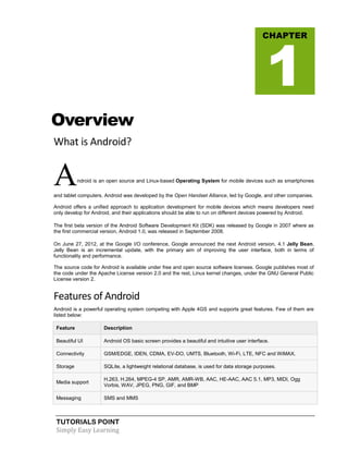 TUTORIALS POINT
Simply Easy Learning
Overview
What is Android?
Android is an open source and Linux-based Operating System for mobile devices such as smartphones
and tablet computers. Android was developed by the Open Handset Alliance, led by Google, and other companies.
Android offers a unified approach to application development for mobile devices which means developers need
only develop for Android, and their applications should be able to run on different devices powered by Android.
The first beta version of the Android Software Development Kit (SDK) was released by Google in 2007 where as
the first commercial version, Android 1.0, was released in September 2008.
On June 27, 2012, at the Google I/O conference, Google announced the next Android version, 4.1 Jelly Bean.
Jelly Bean is an incremental update, with the primary aim of improving the user interface, both in terms of
functionality and performance.
The source code for Android is available under free and open source software licenses. Google publishes most of
the code under the Apache License version 2.0 and the rest, Linux kernel changes, under the GNU General Public
License version 2.
Features of Android
Android is a powerful operating system competing with Apple 4GS and supports great features. Few of them are
listed below:
Feature Description
Beautiful UI Android OS basic screen provides a beautiful and intuitive user interface.
Connectivity GSM/EDGE, IDEN, CDMA, EV-DO, UMTS, Bluetooth, Wi-Fi, LTE, NFC and WiMAX.
Storage SQLite, a lightweight relational database, is used for data storage purposes.
Media support
H.263, H.264, MPEG-4 SP, AMR, AMR-WB, AAC, HE-AAC, AAC 5.1, MP3, MIDI, Ogg
Vorbis, WAV, JPEG, PNG, GIF, and BMP
Messaging SMS and MMS
CHAPTER
1
 