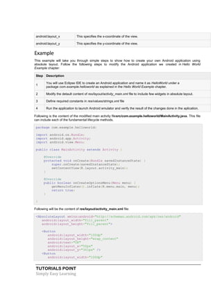 TUTORIALS POINT
Simply Easy Learning
android:layout_x This specifies the x-coordinate of the view.
android:layout_y This specifies the y-coordinate of the view.
Example
This example will take you through simple steps to show how to create your own Android application using
absolute layout. Follow the following steps to modify the Android application we created in Hello World
Example chapter:
Step Description
1
You will use Eclipse IDE to create an Android application and name it as HelloWorld under a
package com.example.helloworld as explained in the Hello World Example chapter.
2 Modify the detault content of res/layout/activity_main.xml file to include few widgets in absolute layout.
3 Define required constants in res/values/strings.xml file
4 Run the application to launch Android emulator and verify the result of the changes done in the aplication.
Following is the content of the modified main activity filesrc/com.example.helloworld/MainActivity.java. This file
can include each of the fundamental lifecycle methods.
package com.example.helloworld;
import android.os.Bundle;
import android.app.Activity;
import android.view.Menu;
public class MainActivity extends Activity {
@Override
protected void onCreate(Bundle savedInstanceState) {
super.onCreate(savedInstanceState);
setContentView(R.layout.activity_main);
}
@Override
public boolean onCreateOptionsMenu(Menu menu) {
getMenuInflater().inflate(R.menu.main, menu);
return true;
}
}
Following will be the content of res/layout/activity_main.xml file:
<AbsoluteLayout xmlns:android="http://schemas.android.com/apk/res/android"
android:layout_width="fill_parent"
android:layout_height="fill_parent">
<Button
android:layout_width="100dp"
android:layout_height="wrap_content"
android:text="OK"
android:layout_x="50px"
android:layout_y="361px" />
<Button
android:layout_width="100dp"
 