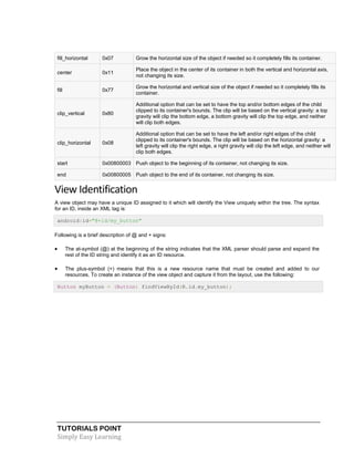 TUTORIALS POINT
Simply Easy Learning
fill_horizontal 0x07 Grow the horizontal size of the object if needed so it completely fills its container.
center 0x11
Place the object in the center of its container in both the vertical and horizontal axis,
not changing its size.
fill 0x77
Grow the horizontal and vertical size of the object if needed so it completely fills its
container.
clip_vertical 0x80
Additional option that can be set to have the top and/or bottom edges of the child
clipped to its container's bounds. The clip will be based on the vertical gravity: a top
gravity will clip the bottom edge, a bottom gravity will clip the top edge, and neither
will clip both edges.
clip_horizontal 0x08
Additional option that can be set to have the left and/or right edges of the child
clipped to its container's bounds. The clip will be based on the horizontal gravity: a
left gravity will clip the right edge, a right gravity will clip the left edge, and neither will
clip both edges.
start 0x00800003 Push object to the beginning of its container, not changing its size.
end 0x00800005 Push object to the end of its container, not changing its size.
View Identification
A view object may have a unique ID assigned to it which will identify the View uniquely within the tree. The syntax
for an ID, inside an XML tag is:
android:id="@+id/my_button"
Following is a brief description of @ and + signs:
 The at-symbol (@) at the beginning of the string indicates that the XML parser should parse and expand the
rest of the ID string and identify it as an ID resource.
 The plus-symbol (+) means that this is a new resource name that must be created and added to our
resources. To create an instance of the view object and capture it from the layout, use the following:
Button myButton = (Button) findViewById(R.id.my_button);
 