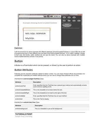 TUTORIALS POINT
Simply Easy Learning
Exercise:
I will recommend to try above example with different attributes of AutoCompleteTextView in Layout XML file as well
at programming time to have different look and feel of the AutoCompleteTextView. Try to make it editable, change
to font color, font family, width, textSize etc and see the result. You can also try above example with multiple
AutoCompleteTextView controls in one activity.
Button
A Button is a Push-button which can be pressed, or clicked, by the user to perform an action.
Button Attributes
Following are the important attributes related to Button control. You can check Android official documentation for
complete list of attributes and related methods which you can use to change these attributes are run time.
Inherited from android.widget.TextView Class:
Attribute Description
android:autoText
If set, specifies that this TextView has a textual input method and automatically corrects
some common spelling errors.
android:drawableBottom This is the drawable to be drawn below the text.
android:drawableRight This is the drawable to be drawn to the right of the text.
android:editable If set, specifies that this TextView has an input method.
android:text This is the Text to display.
Inherited from android.view.View Class:
Attribute Description
android:background This is a drawable to use as the background.
 