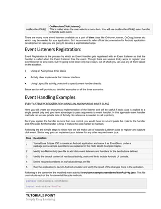 TUTORIALS POINT
Simply Easy Learning
onMenuItemClick()
OnMenuItemClickListener()
This is called when the user selects a menu item. You will use onMenuItemClick() event handler
to handle such event.
There are many more event listeners available as a part of View class like OnHoverListener, OnDragListener etc
which may be needed for your application. So I recommend to refer official documentation for Android application
development in case you are going to develop a sophisticated apps.
Event Listeners Registration:
Event Registration is the process by which an Event Handler gets registered with an Event Listener so that the
handler is called when the Event Listener fires the event. Though there are several tricky ways to register your
event listener for any event, but I'm going to list down only top 3 ways, out of which you can use any of them based
on the situation.
 Using an Anonymous Inner Class
 Activity class implements the Listener interface.
 Using Layout file activity_main.xml to specify event handler directly.
Below section will provide you detailed examples on all the three scenarios:
Event Handling Examples
EVENTLISTENERS REGISTRATIONUSINGANANONYMOUS INNERCLASS
Here you will create an anonymous implementation of the listener and will be useful if each class is applied to a
single control only and you have advantage to pass arguments to event handler. In this approach event handler
methods can access private data of Activity. No reference is needed to call to Activity.
But if you applied the handler to more than one control, you would have to cut and paste the code for the handler
and if the code for the handler is long, it makes the code harder to maintain.
Following are the simple steps to show how we will make use of separate Listener class to register and capture
click event. Similar way you can implement your listener for any other required event type.
Step Description
1
You will use Eclipse IDE to create an Android application and name it as EventDemo under a
package com.example.eventdemo as explained in the Hello World Example chapter.
2 Modify src/MainActivity.java file to add click event listeners and handlers for the two buttons defined.
3 Modify the detault content of res/layout/activity_main.xml file to include Android UI controls.
4 Define required constants in res/values/strings.xml file
5 Run the application to launch Android emulator and verify the result of the changes done in the aplication.
Following is the content of the modified main activity filesrc/com.example.eventdemo/MainActivity.java. This file
can include each of the fundamental lifecycle methods.
package com.example.eventdemo;
import android.os.Bundle;
 