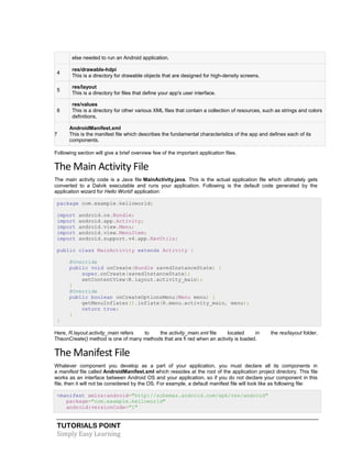 TUTORIALS POINT
Simply Easy Learning
else needed to run an Android application.
4
res/drawable-hdpi
This is a directory for drawable objects that are designed for high-density screens.
5
res/layout
This is a directory for files that define your app's user interface.
6
res/values
This is a directory for other various XML files that contain a collection of resources, such as strings and colors
definitions.
7
AndroidManifest.xml
This is the manifest file which describes the fundamental characteristics of the app and defines each of its
components.
Following section will give a brief overview few of the important application files.
The Main Activity File
The main activity code is a Java file MainActivity.java. This is the actual application file which ultimately gets
converted to a Dalvik executable and runs your application. Following is the default code generated by the
application wizard for Hello World! application:
package com.example.helloworld;
import android.os.Bundle;
import android.app.Activity;
import android.view.Menu;
import android.view.MenuItem;
import android.support.v4.app.NavUtils;
public class MainActivity extends Activity {
@Override
public void onCreate(Bundle savedInstanceState) {
super.onCreate(savedInstanceState);
setContentView(R.layout.activity_main);
}
@Override
public boolean onCreateOptionsMenu(Menu menu) {
getMenuInflater().inflate(R.menu.activity_main, menu);
return true;
}
}
Here, R.layout.activity_main refers to the activity_main.xml file located in the res/layout folder.
TheonCreate() method is one of many methods that are fi red when an activity is loaded.
The Manifest File
Whatever component you develop as a part of your application, you must declare all its components in
a manifest file called AndroidManifest.xml which ressides at the root of the application project directory. This file
works as an interface between Android OS and your application, so if you do not declare your component in this
file, then it will not be considered by the OS. For example, a default manifest file will look like as following file:
<manifest xmlns:android="http://schemas.android.com/apk/res/android"
package="com.example.helloworld"
android:versionCode="1"
 