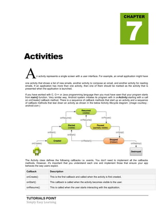 TUTORIALS POINT
Simply Easy Learning
Activities
An activity represents a single screen with a user interface. For example, an email application might have
one activity that shows a list of new emails, another activity to compose an email, and another activity for reading
emails. If an application has more than one activity, then one of them should be marked as the activity that is
presented when the application is launched.
If you have worked with C, C++ or Java programming language then you must have seen that your program starts
from main() function. Very similar way, Android system initiates its program with in anActivity starting with a call
on onCreate() callback method. There is a sequence of callback methods that start up an activity and a sequence
of callback methods that tear down an activity as shown in the below Activity lifecycle diagram: (image courtesy :
android.com )
The Activity class defines the following callbacks i.e. events. You don't need to implement all the callbacks
methods. However, it's important that you understand each one and implement those that ensure your app
behaves the way users expect.
Callback Description
onCreate() This is the first callback and called when the activity is first created.
onStart() This callback is called when the activity becomes visible to the user.
onResume() This is called when the user starts interacting with the application.
CHAPTER
7
 