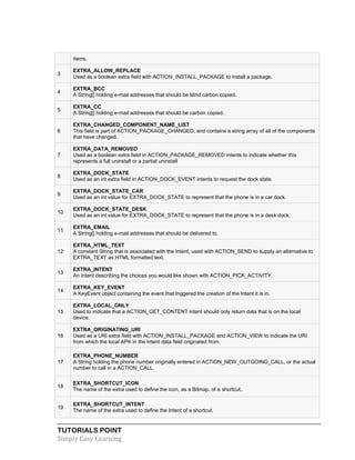 TUTORIALS POINT
Simply Easy Learning
items.
3
EXTRA_ALLOW_REPLACE
Used as a boolean extra field with ACTION_INSTALL_PACKAGE to install a package.
4
EXTRA_BCC
A String[] holding e-mail addresses that should be blind carbon copied.
5
EXTRA_CC
A String[] holding e-mail addresses that should be carbon copied.
6
EXTRA_CHANGED_COMPONENT_NAME_LIST
This field is part of ACTION_PACKAGE_CHANGED, and contains a string array of all of the components
that have changed.
7
EXTRA_DATA_REMOVED
Used as a boolean extra field in ACTION_PACKAGE_REMOVED intents to indicate whether this
represents a full uninstall or a partial uninstall
8
EXTRA_DOCK_STATE
Used as an int extra field in ACTION_DOCK_EVENT intents to request the dock state.
9
EXTRA_DOCK_STATE_CAR
Used as an int value for EXTRA_DOCK_STATE to represent that the phone is in a car dock.
10
EXTRA_DOCK_STATE_DESK
Used as an int value for EXTRA_DOCK_STATE to represent that the phone is in a desk dock.
11
EXTRA_EMAIL
A String[] holding e-mail addresses that should be delivered to.
12
EXTRA_HTML_TEXT
A constant String that is associated with the Intent, used with ACTION_SEND to supply an alternative to
EXTRA_TEXT as HTML formatted text.
13
EXTRA_INTENT
An Intent describing the choices you would like shown with ACTION_PICK_ACTIVITY.
14
EXTRA_KEY_EVENT
A KeyEvent object containing the event that triggered the creation of the Intent it is in.
15
EXTRA_LOCAL_ONLY
Used to indicate that a ACTION_GET_CONTENT intent should only return data that is on the local
device.
16
EXTRA_ORIGINATING_URI
Used as a URI extra field with ACTION_INSTALL_PACKAGE and ACTION_VIEW to indicate the URI
from which the local APK in the Intent data field originated from.
17
EXTRA_PHONE_NUMBER
A String holding the phone number originally entered in ACTION_NEW_OUTGOING_CALL, or the actual
number to call in a ACTION_CALL.
18
EXTRA_SHORTCUT_ICON
The name of the extra used to define the icon, as a Bitmap, of a shortcut.
19
EXTRA_SHORTCUT_INTENT
The name of the extra used to define the Intent of a shortcut.
 