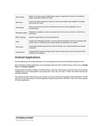 TUTORIALS POINT
Simply Easy Learning
Web browser
Based on the open-source WebKit layout engine, coupled with Chrome's V8 JavaScript
engine supporting HTML5 and CSS3.
Multi-touch
Android has native support for multi-touch which was initially made available in handsets
such as the HTC Hero.
Multi-tasking
User can jump from one task to another and same time various application can run
simultaneously.
Resizable widgets
Widgets are resizable, so users can expand them to show more content or shrink them to
save space
Multi-Language Supports single direction and bi-directional text.
GCM
Google Cloud Messaging (GCM) is a service that lets developers send short message data
to their users on Android devices, without needing a proprietary sync solution.
Wi-Fi Direct
A technology that lets apps discover and pair directly, over a high-bandwidth peer-to-peer
connection.
Android Beam
A popular NFC-based technology that lets users instantly share, just by touching two NFC-
enabled phones together.
Android Applications
Android applications are usually developed in the Java language using the Android Software Development Kit.
Once developed, Android applications can be packaged easily and sold out either through a store such as Google
Play or the Amazon Appstore.
Android powers hundreds of millions of mobile devices in more than 190 countries around the world. It's the largest
installed base of any mobile platform and growing fast. Every day more than 1 million new Android devices are
activated worldwide.
This tutorial has been written with an aim to teach you how to develop and package Android application. We will
start from environment setup for Android application programming and then drill down to look into various aspects
of Android applications.
 
