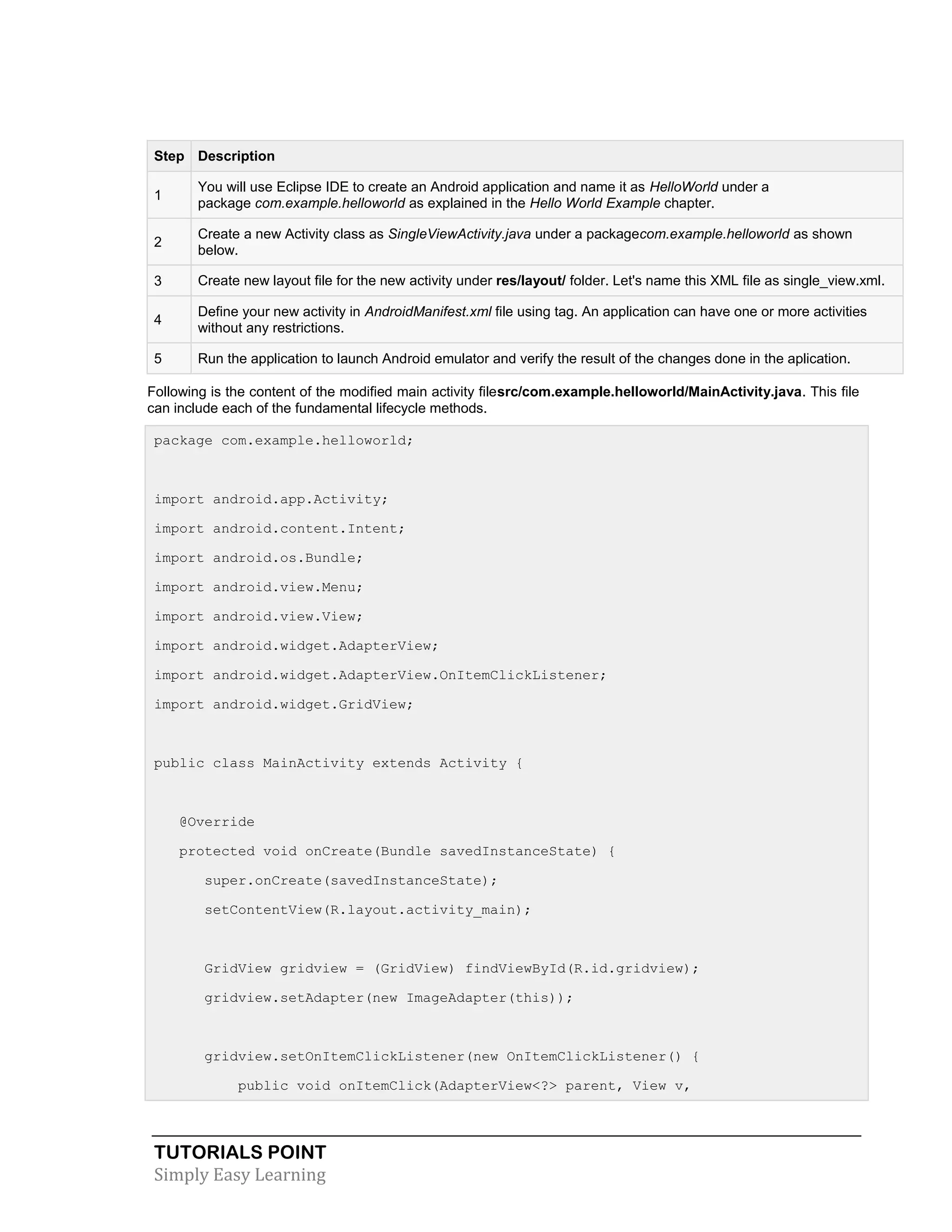 TUTORIALS POINT
Simply Easy Learning
Step Description
1
You will use Eclipse IDE to create an Android application and name it as HelloWorld under a
package com.example.helloworld as explained in the Hello World Example chapter.
2
Create a new Activity class as SingleViewActivity.java under a packagecom.example.helloworld as shown
below.
3 Create new layout file for the new activity under res/layout/ folder. Let's name this XML file as single_view.xml.
4
Define your new activity in AndroidManifest.xml file using tag. An application can have one or more activities
without any restrictions.
5 Run the application to launch Android emulator and verify the result of the changes done in the aplication.
Following is the content of the modified main activity filesrc/com.example.helloworld/MainActivity.java. This file
can include each of the fundamental lifecycle methods.
package com.example.helloworld;
import android.app.Activity;
import android.content.Intent;
import android.os.Bundle;
import android.view.Menu;
import android.view.View;
import android.widget.AdapterView;
import android.widget.AdapterView.OnItemClickListener;
import android.widget.GridView;
public class MainActivity extends Activity {
@Override
protected void onCreate(Bundle savedInstanceState) {
super.onCreate(savedInstanceState);
setContentView(R.layout.activity_main);
GridView gridview = (GridView) findViewById(R.id.gridview);
gridview.setAdapter(new ImageAdapter(this));
gridview.setOnItemClickListener(new OnItemClickListener() {
public void onItemClick(AdapterView<?> parent, View v,
 
