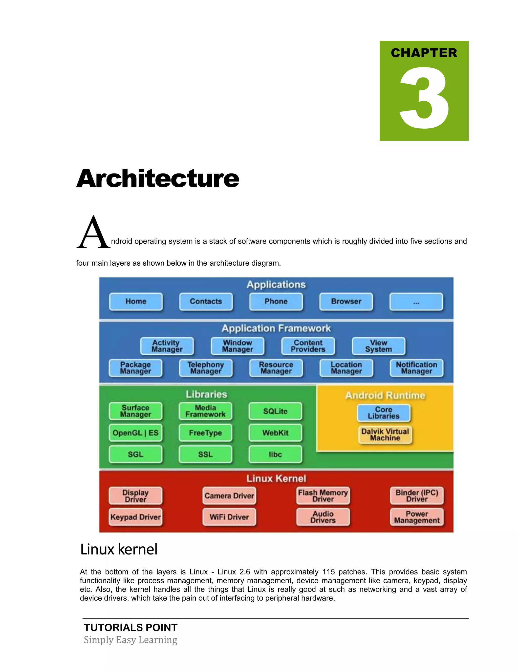 TUTORIALS POINT
Simply Easy Learning
Architecture
Android operating system is a stack of software components which is roughly divided into five sections and
four main layers as shown below in the architecture diagram.
Linux kernel
At the bottom of the layers is Linux - Linux 2.6 with approximately 115 patches. This provides basic system
functionality like process management, memory management, device management like camera, keypad, display
etc. Also, the kernel handles all the things that Linux is really good at such as networking and a vast array of
device drivers, which take the pain out of interfacing to peripheral hardware.
CHAPTER
3
 