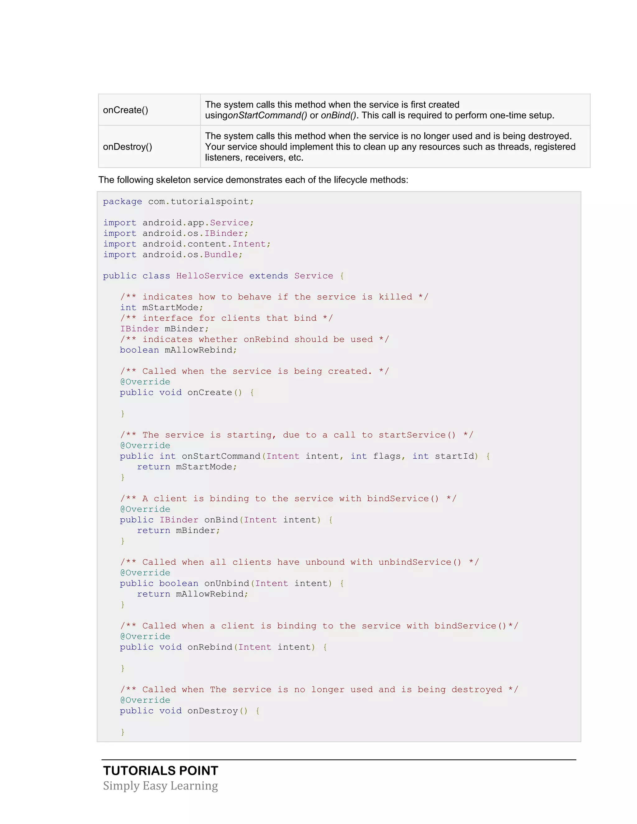 TUTORIALS POINT
Simply Easy Learning
onCreate()
The system calls this method when the service is first created
usingonStartCommand() or onBind(). This call is required to perform one-time setup.
onDestroy()
The system calls this method when the service is no longer used and is being destroyed.
Your service should implement this to clean up any resources such as threads, registered
listeners, receivers, etc.
The following skeleton service demonstrates each of the lifecycle methods:
package com.tutorialspoint;
import android.app.Service;
import android.os.IBinder;
import android.content.Intent;
import android.os.Bundle;
public class HelloService extends Service {
/** indicates how to behave if the service is killed */
int mStartMode;
/** interface for clients that bind */
IBinder mBinder;
/** indicates whether onRebind should be used */
boolean mAllowRebind;
/** Called when the service is being created. */
@Override
public void onCreate() {
}
/** The service is starting, due to a call to startService() */
@Override
public int onStartCommand(Intent intent, int flags, int startId) {
return mStartMode;
}
/** A client is binding to the service with bindService() */
@Override
public IBinder onBind(Intent intent) {
return mBinder;
}
/** Called when all clients have unbound with unbindService() */
@Override
public boolean onUnbind(Intent intent) {
return mAllowRebind;
}
/** Called when a client is binding to the service with bindService()*/
@Override
public void onRebind(Intent intent) {
}
/** Called when The service is no longer used and is being destroyed */
@Override
public void onDestroy() {
}
 