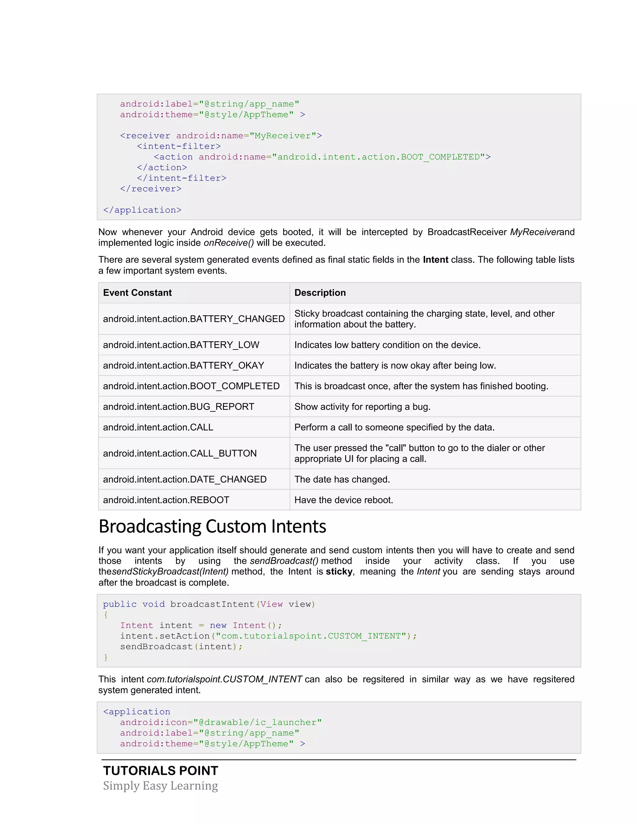 TUTORIALS POINT
Simply Easy Learning
android:label="@string/app_name"
android:theme="@style/AppTheme" >
<receiver android:name="MyReceiver">
<intent-filter>
<action android:name="android.intent.action.BOOT_COMPLETED">
</action>
</intent-filter>
</receiver>
</application>
Now whenever your Android device gets booted, it will be intercepted by BroadcastReceiver MyReceiverand
implemented logic inside onReceive() will be executed.
There are several system generated events defined as final static fields in the Intent class. The following table lists
a few important system events.
Event Constant Description
android.intent.action.BATTERY_CHANGED
Sticky broadcast containing the charging state, level, and other
information about the battery.
android.intent.action.BATTERY_LOW Indicates low battery condition on the device.
android.intent.action.BATTERY_OKAY Indicates the battery is now okay after being low.
android.intent.action.BOOT_COMPLETED This is broadcast once, after the system has finished booting.
android.intent.action.BUG_REPORT Show activity for reporting a bug.
android.intent.action.CALL Perform a call to someone specified by the data.
android.intent.action.CALL_BUTTON
The user pressed the "call" button to go to the dialer or other
appropriate UI for placing a call.
android.intent.action.DATE_CHANGED The date has changed.
android.intent.action.REBOOT Have the device reboot.
Broadcasting Custom Intents
If you want your application itself should generate and send custom intents then you will have to create and send
those intents by using the sendBroadcast() method inside your activity class. If you use
thesendStickyBroadcast(Intent) method, the Intent is sticky, meaning the Intent you are sending stays around
after the broadcast is complete.
public void broadcastIntent(View view)
{
Intent intent = new Intent();
intent.setAction("com.tutorialspoint.CUSTOM_INTENT");
sendBroadcast(intent);
}
This intent com.tutorialspoint.CUSTOM_INTENT can also be regsitered in similar way as we have regsitered
system generated intent.
<application
android:icon="@drawable/ic_launcher"
android:label="@string/app_name"
android:theme="@style/AppTheme" >
 